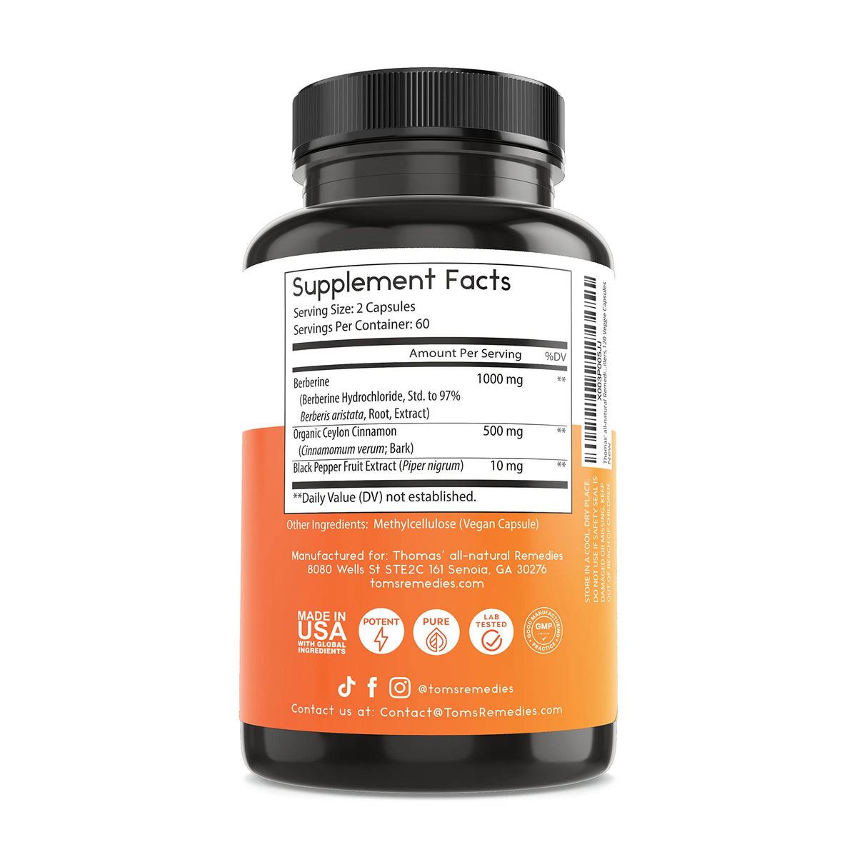 Thomas' all-natural Remedies Berberine 500mg (1000mg Per Serving)- 120 Vegan Capsules Thomas' all-natural RemediesBuy Supplements Australia