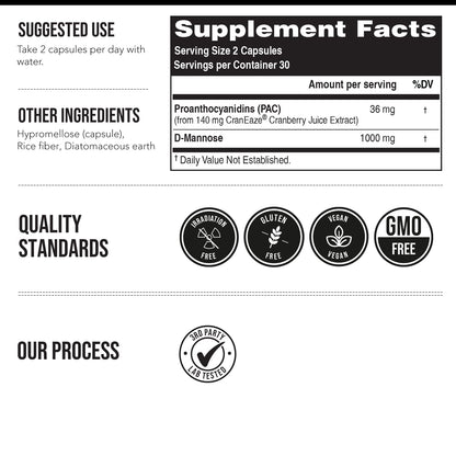 CranEaze®: Cranberry Juice Extract Plus D-Mannose – 36 mg PAC, 100% Soluble PAC - Supports Urinary Tract Health – Most Effective Cranberry Pills for Women, OmniHealth US