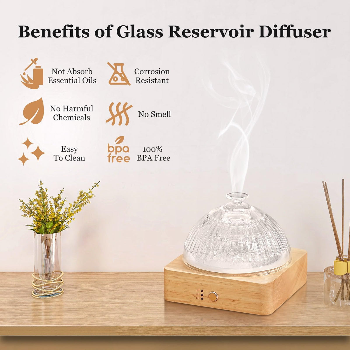 Lecdura Glass Essential Oil Diffuser with Glass Reservoir & Wood Base - Plastic Free, 200ml Lock LecduraBuy Supplements Australia