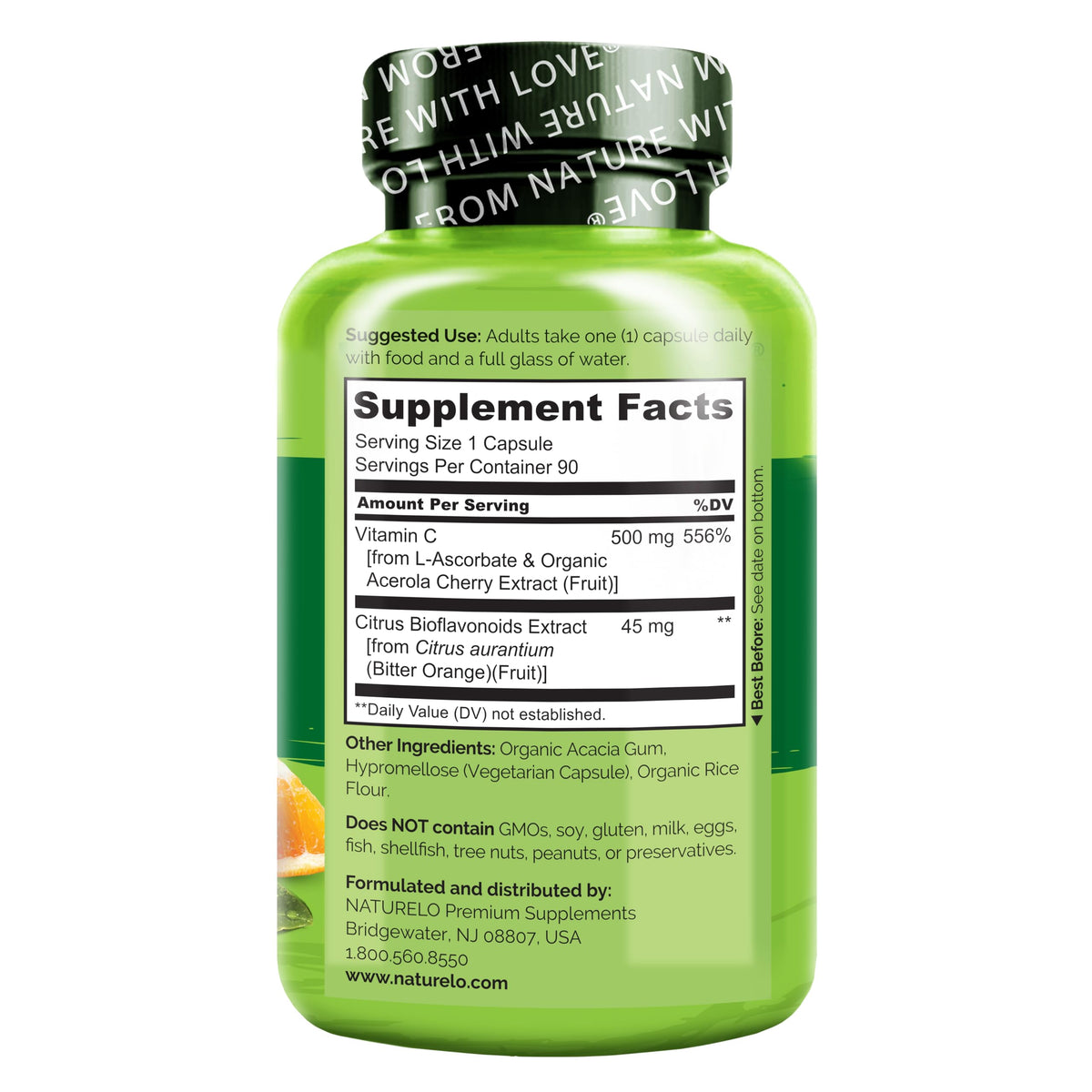 NATURELO Vitamin C with Organic Acerola Cherry Extract and Citrus Bioflavonoids - Vegan Supplement - Immune Support - 500 mg VIT C per Cap - OmniHealth US