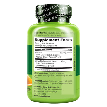 NATURELO Vitamin C with Organic Acerola Cherry Extract and Citrus Bioflavonoids - Vegan Supplement - Immune Support - 500 mg VIT C per Cap - OmniHealth US