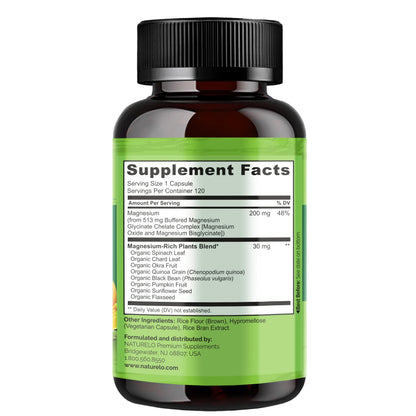 NATURELO Magnesium Glycinate Chelate Complex - 200 mg Magnesium with Organic Vegetables to Support Sleep, Calm, Muscle Cramp & Stress Relief - OmniHealth US