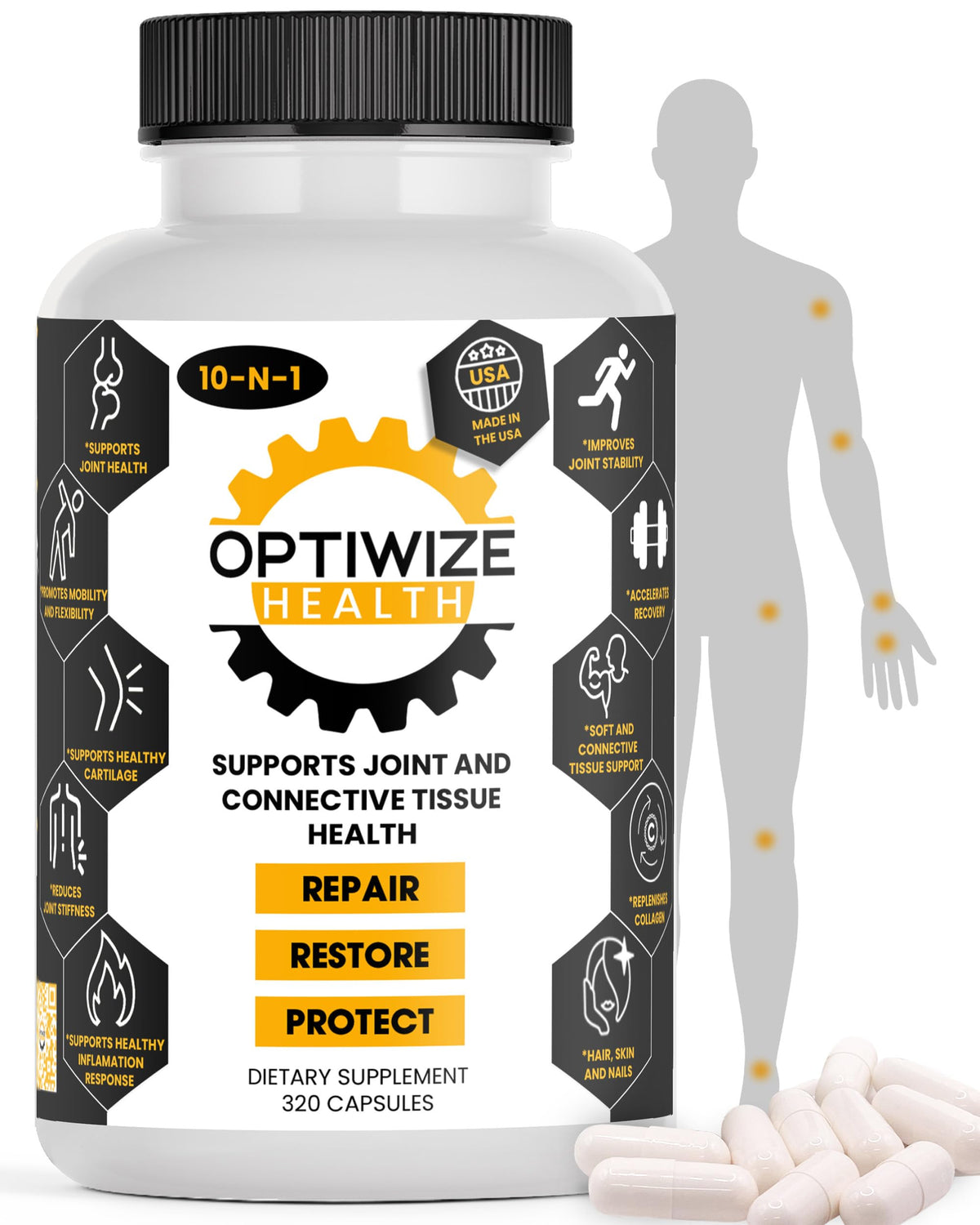 OptiWize 10-N-1 Joint Support Hydrolyzed Collagen,MSM, Hyaluronic Acid, Glucosamine,Chondroitin & More- Targets Joint Discomfort, OmniHealth US