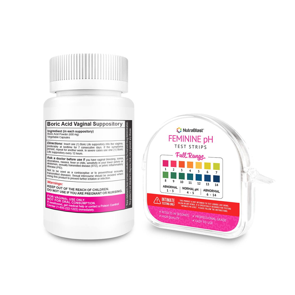 NutraBlast Boric Acid Vaginal Suppositories 600mg (30 Count) & Feminine pH Test Strips 1-14 (100-Tests Roll) NutraBlastBuy Supplements Australia