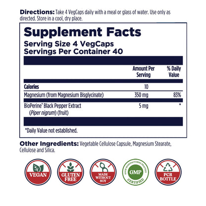 KAL Magnesium Glycinate Capsules, Fully Chelated Magnesium Bisglycinate, High Absorption Magnesium Supplement, Healthy Bones, Muscle, OmniHealth US
