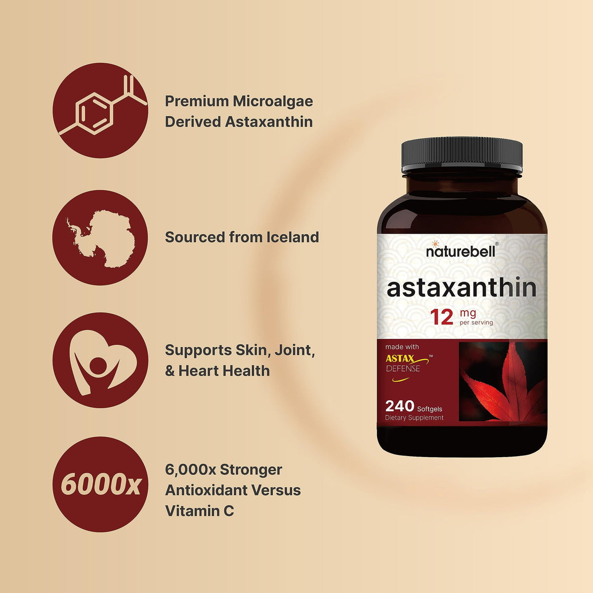 NatureBell Astaxanthin 12mg, 240 Softgels, Made with Astax, Max Strength NatureBellBuy Supplements Australia
