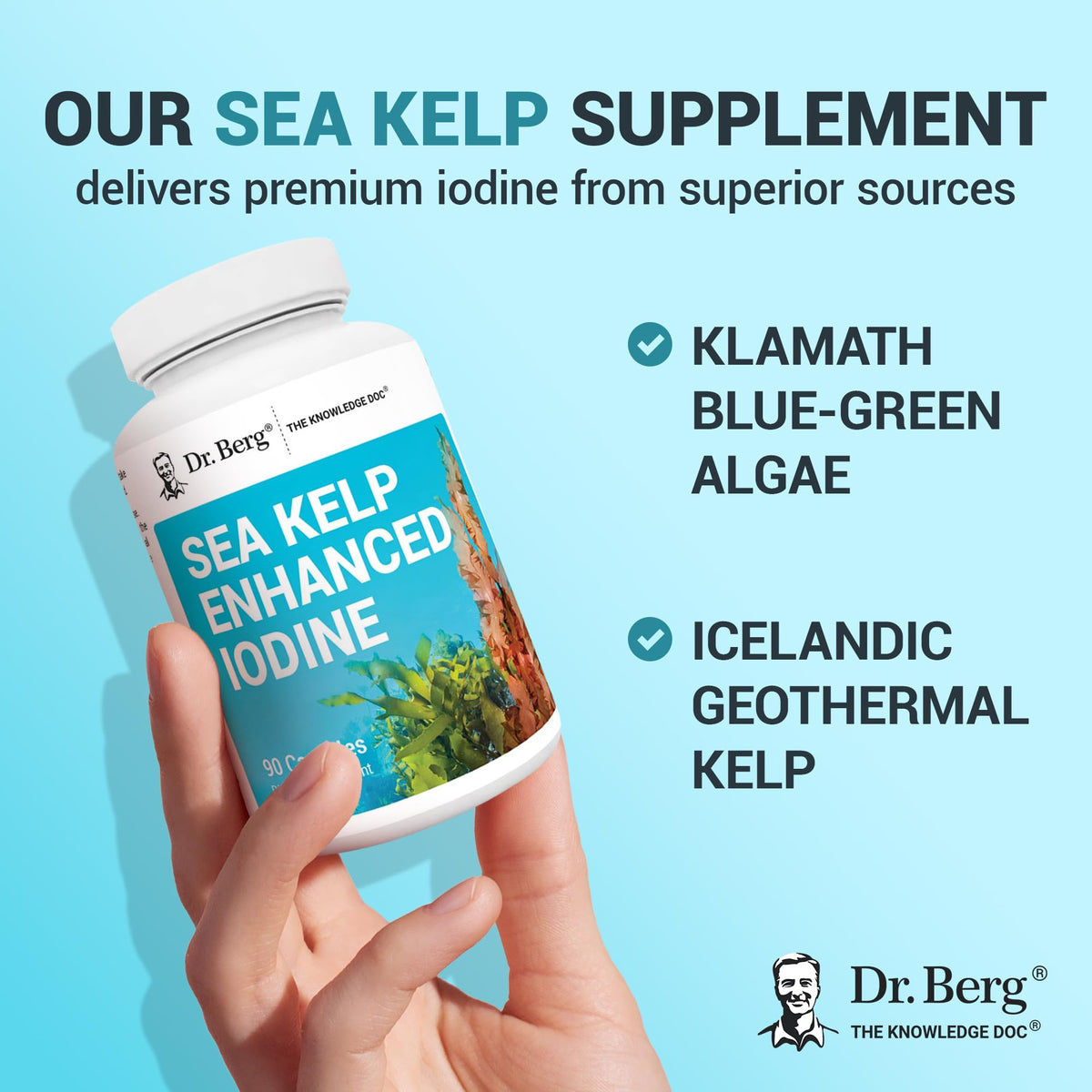 Dr. Berg Sea Kelp Enhanced Iodine - 200 mcg of Premium Iodine - Seaweed Blend Includes Klamath Blue-Green Algae & Sea Kelp - 90 Capsules - OmniHealth US