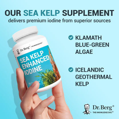 Dr. Berg Sea Kelp Enhanced Iodine - 200 mcg of Premium Iodine - Seaweed Blend Includes Klamath Blue-Green Algae & Sea Kelp - 90 Capsules - OmniHealth US