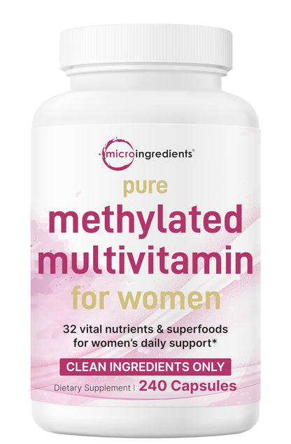 Micro Ingredients Pure Methylated Multivitamin for Women, 240 Capsules | 32-in-1 Formula with Vitamin B, C, D + Iron, Methylfolate & More - OmniHealth US