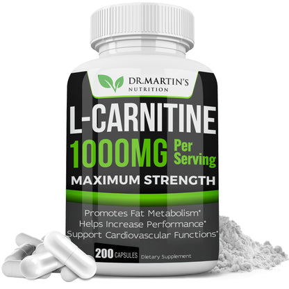 DR. MARTIN'S NUTRITION Extra Strength L-Carnitine - 200 Capsules - 1000mg Per Serving - Boost Your Metabolism and Increase Performance - OmniHealth US
