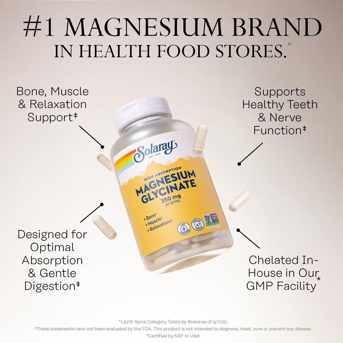 SOLARAY Magnesium Glycinate Capsules, Chelated Magnesium Bisglycinate w/BioPerine, Higher Absorption Magnesium Supplement - Bones, Muscles, OmniHealth US