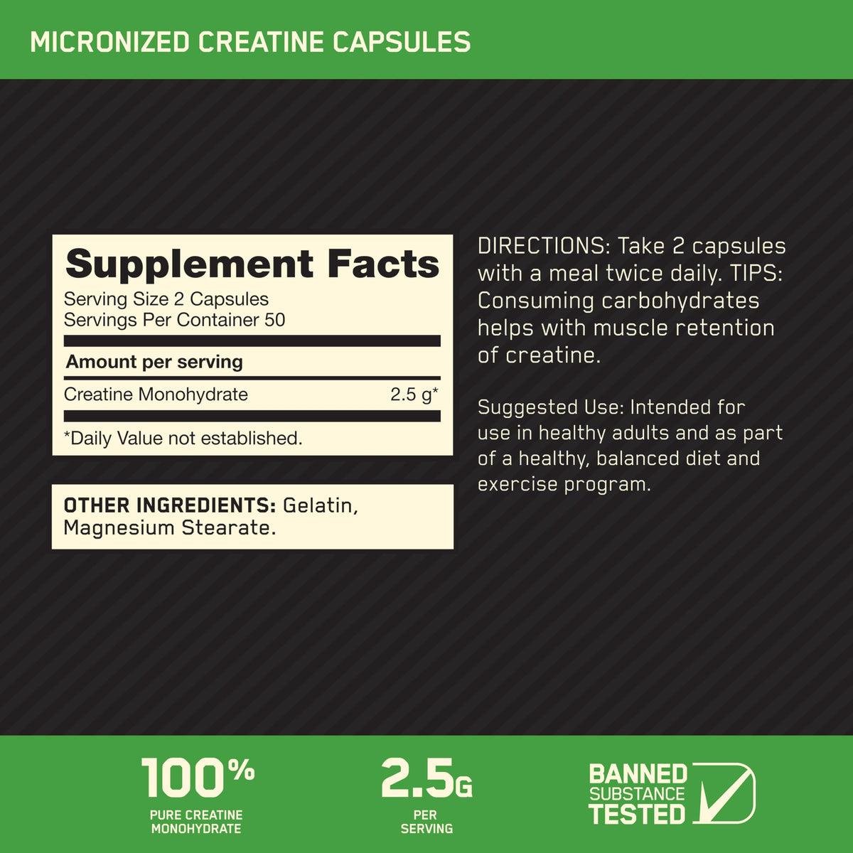 Optimum Nutrition Micronized Creatine Monohydrate Capsules, Keto Friendly, 2500mg, 100 Capsules - OmniHealth US