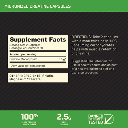 Optimum Nutrition Micronized Creatine Monohydrate Capsules, Keto Friendly, 2500mg, 100 Capsules - OmniHealth US