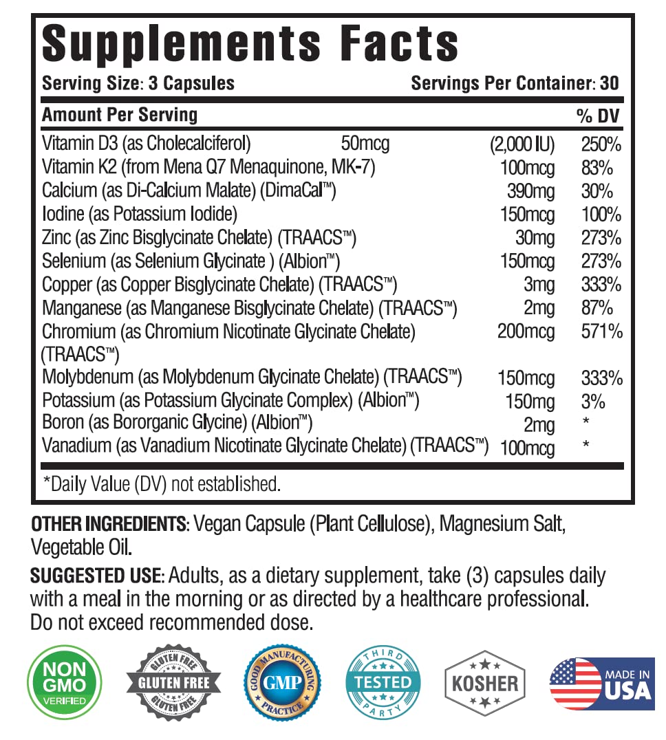 KAPPA NUTRITION (90 Capsules,Vitamin K2, Vitamin D3, Zinc, Selenium, Vanadium, Copper, Manganese, Potassium, Molybdenum, Calcium, Chromium, Iodine, Boron, OmniHealth US