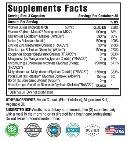 KAPPA NUTRITION (90 Capsules,Vitamin K2, Vitamin D3, Zinc, Selenium, Vanadium, Copper, Manganese, Potassium, Molybdenum, Calcium, Chromium, Iodine, Boron, OmniHealth US
