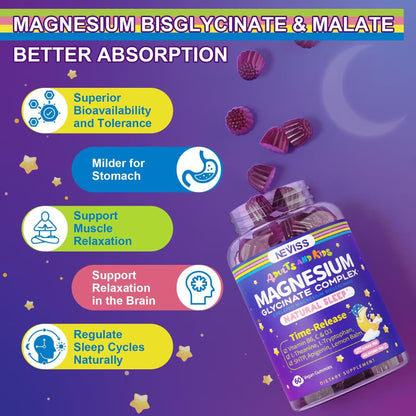 Magnesium Glycinate Gummies for Adults & Kids 4+, Sugar Free Magnesium Bisglycinate Supplement 400/200mg with B6D3, 5HTP, L-Theanine for Sleep & Relaxation - OmniHealth US