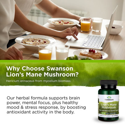 Swanson Lion's Mane Mushroom Capsules - 500 mg Each, 60 Capsules -