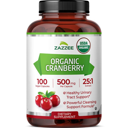 Zazzee USDA Organic Cranberry 25:1 Extract, 500 mg per Capsule, 100 Vegan Capsules, 3+ Month Supply, Certified Kosher, Vaccinium Macrocarpon, Urinary Tract & Bladder Support - OmniHealth US