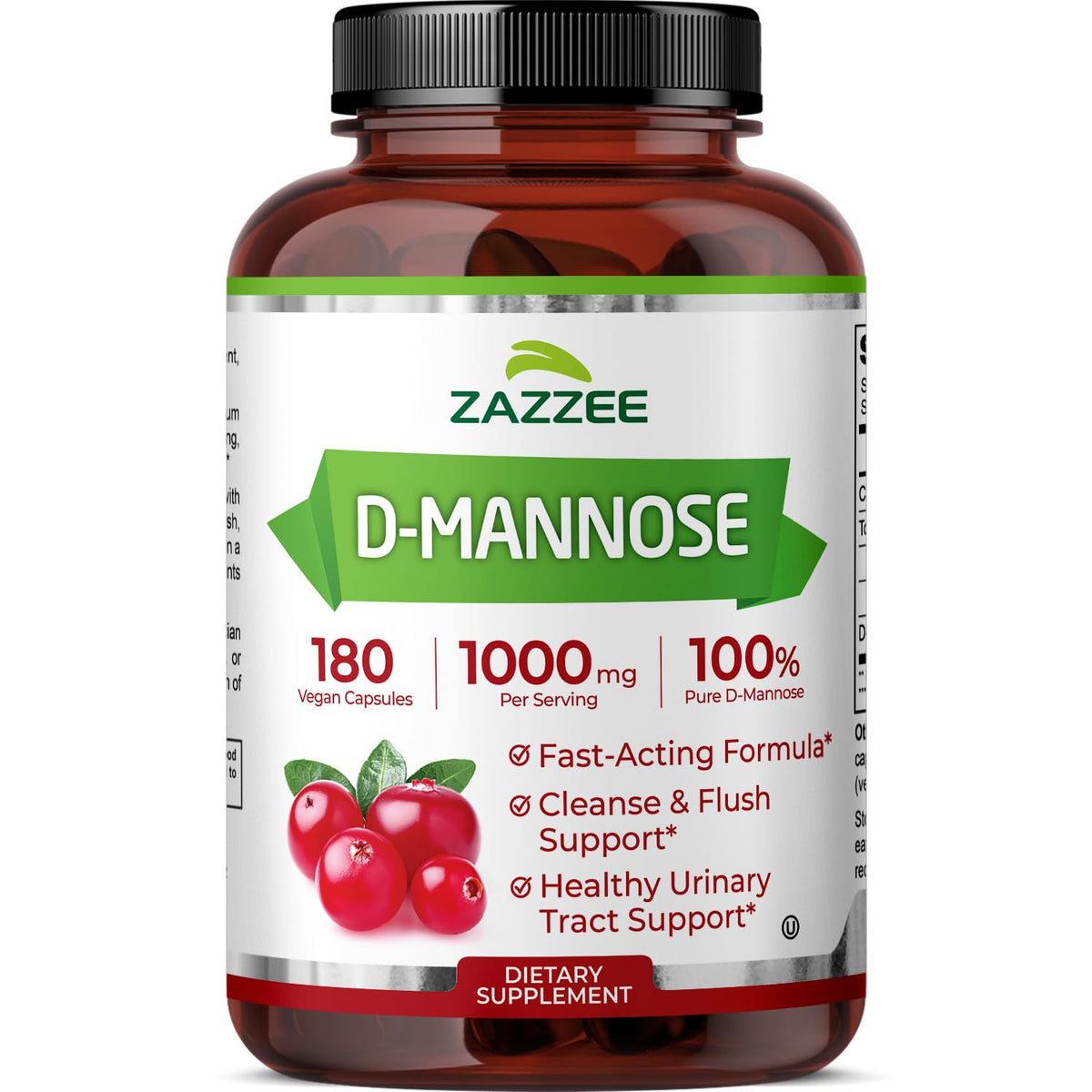 Zazzee D-Mannose, 1000 mg per Serving, 180 Vegan Capsules, 3 Month Supply, Potent & Fast-Acting, Certified Kosher, 100% Pure, All-Natural Urinary Tract Health Support - OmniHealth US
