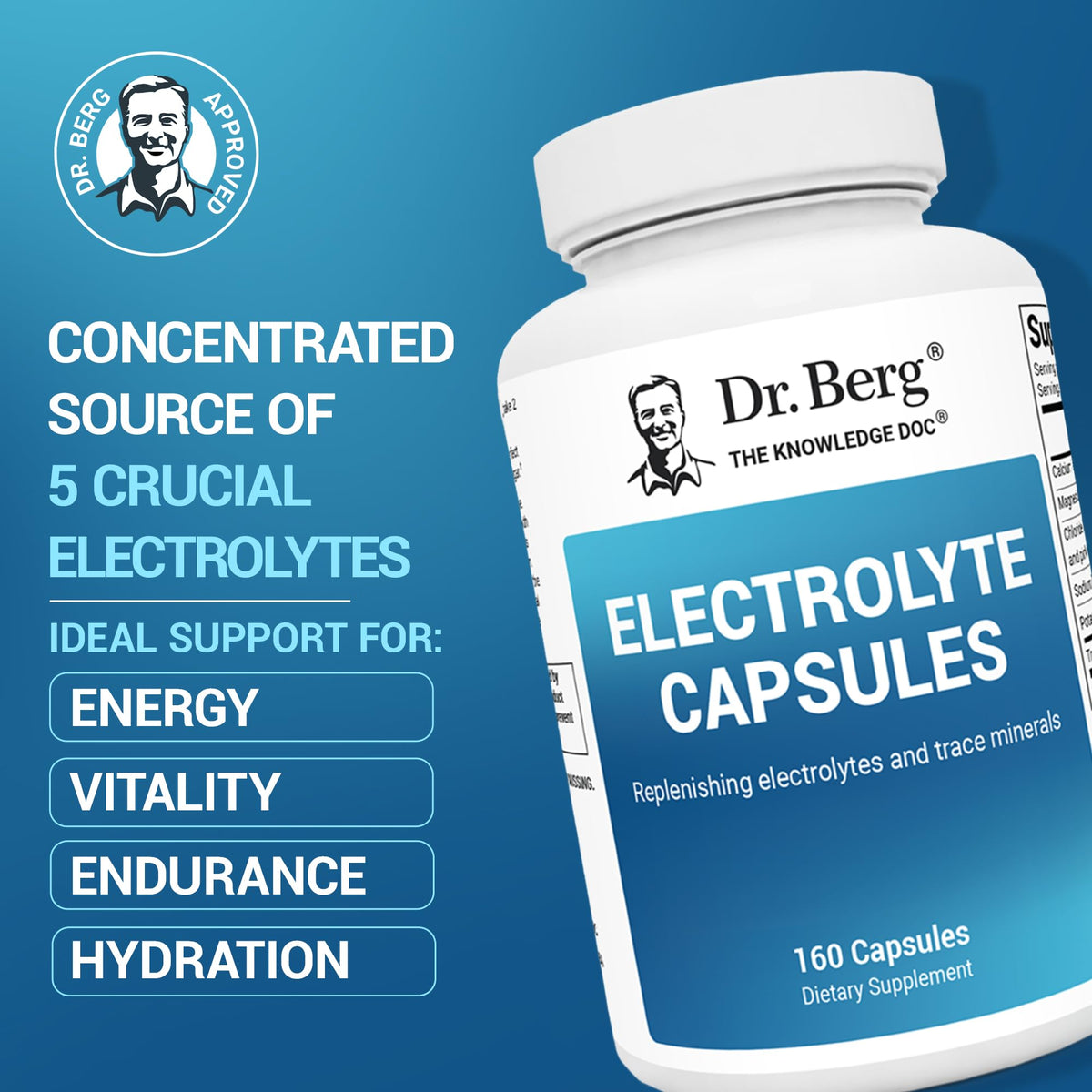 Dr. Berg Electrolyte Capsules - Electrolyte Supplements for Supporting Energy, Endurance, and Hydration - Sugar Free, No Maltodextrin, Keto Friendly - 160 Caps - OmniHealth US