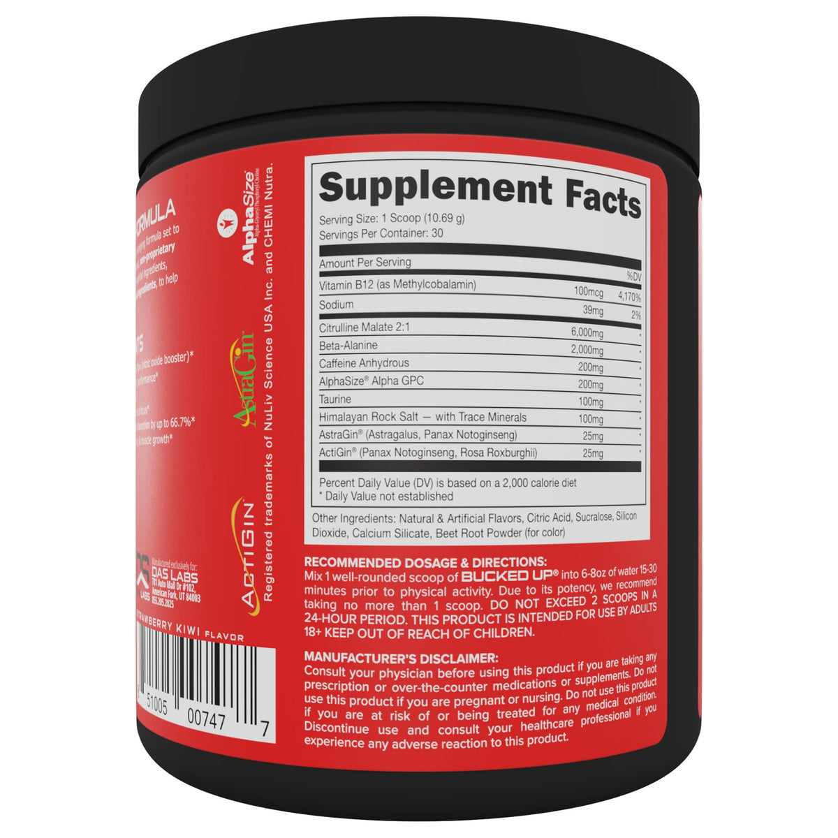 Bucked Up Pre Workout - Best Tasting - 6 Grams Citrulline, 2 Grams Beta Alanine Non Proprietary Blend, Powder (Strawberry Kiwi) - OmniHealth US