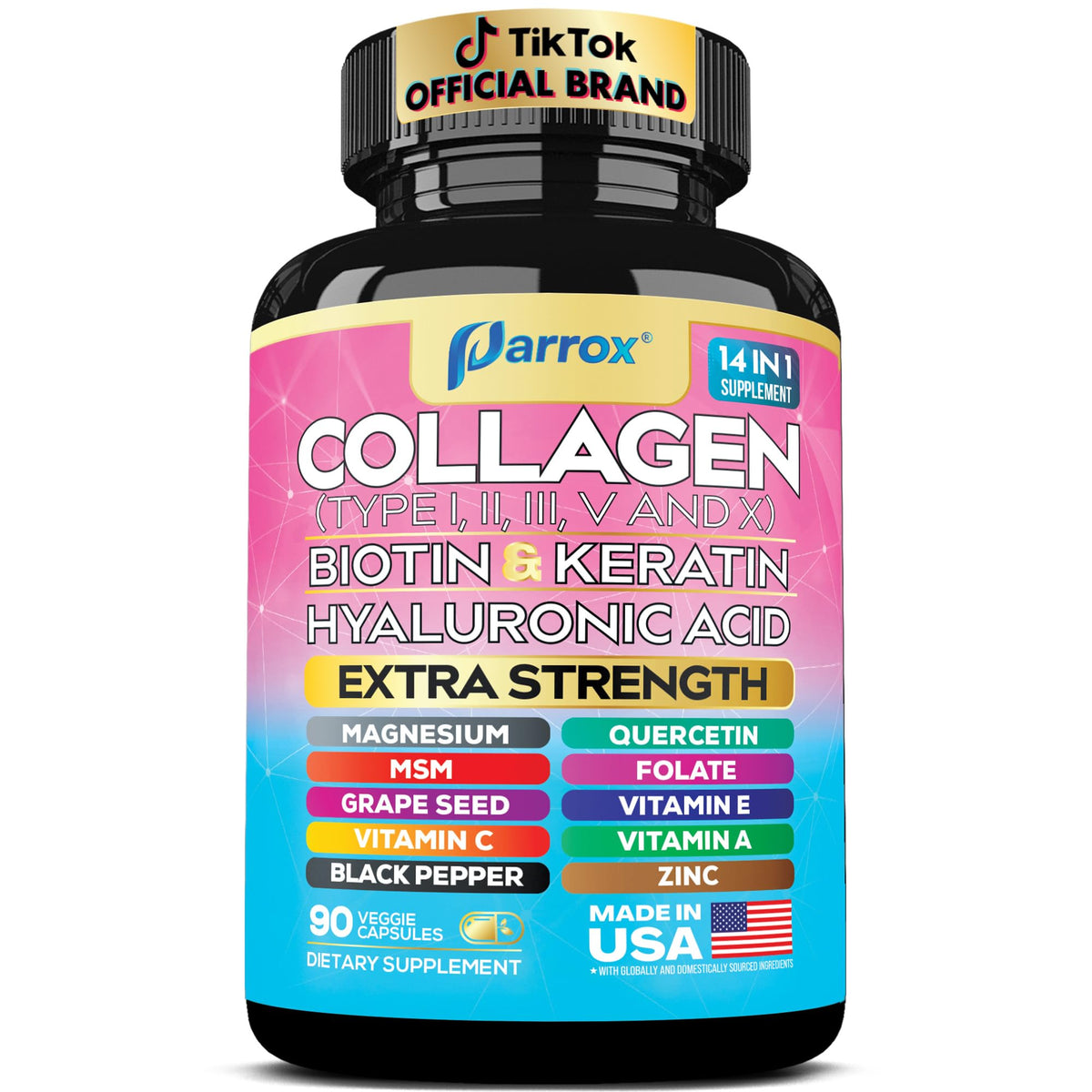 Parrox Collagen Peptides Types I, II, III, V & X, MCG Biotin, Keratin, Hyaluronic Acid, MSM, Zinc, Grape Seed Extract, Quercetin, Vitamin A, Vitamin C, OmniHealth US