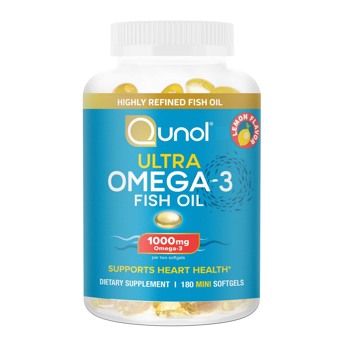 Qunol Fish Oil Omega 3 Mini Softgels, 1000mg Omega 3 EPA + DHA, Ultra Pure Supplements, Heart Health Support, Lemon Flavor - OmniHealth US