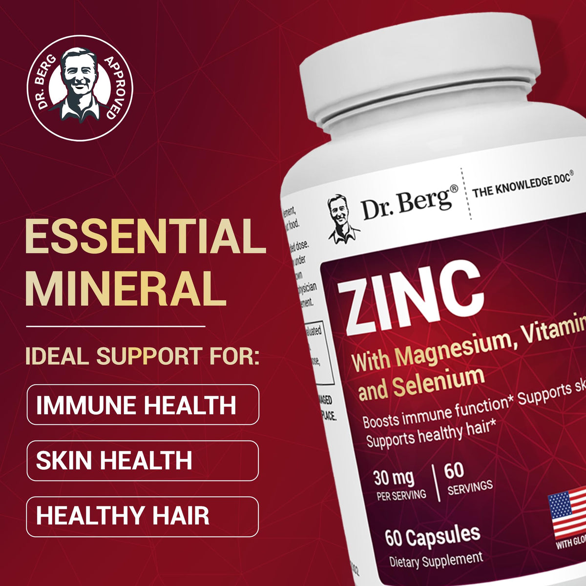 Dr. Berg Zinc 30mg Enhanced with Magnesium, Vitamin D3, Selenium, & Copper - Zinc Supplements for Men & Women - Chelated Zinc for Immune, Skin - OmniHealth US