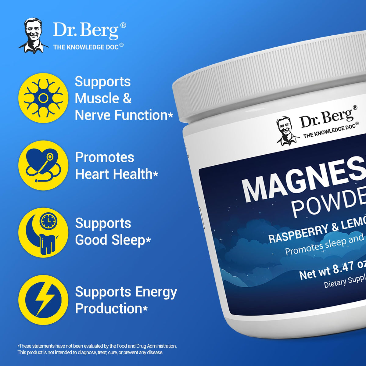Dr. Berg Magnesium Glycinate Powder for Sleep, Relaxation, & Stress Relief - Now Includes Vitamin D3 & Zinc - Delicious Raspberry & Lemon Flavor (50 Servings) Magnesium Powder - Magnesium Drink Powder - OmniHealth US