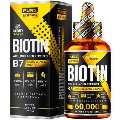 PURE RESEARCH Liquid Biotin & Collagen Hair Growth Drops 60,000mcg – Biotin and Liquid Collagen Supplements for Women & Men – Supports Glowing Skin - OmniHealth US