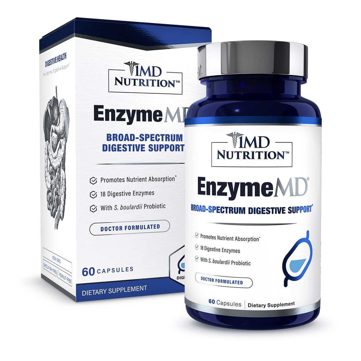 1MD Nutrition EnzymeMD - Digestive Enzymes Supplement - Doctor Formulated | 18 Plant-Based Enzymes - Gas & Bloating Support | 60 Capsules - OmniHealth US