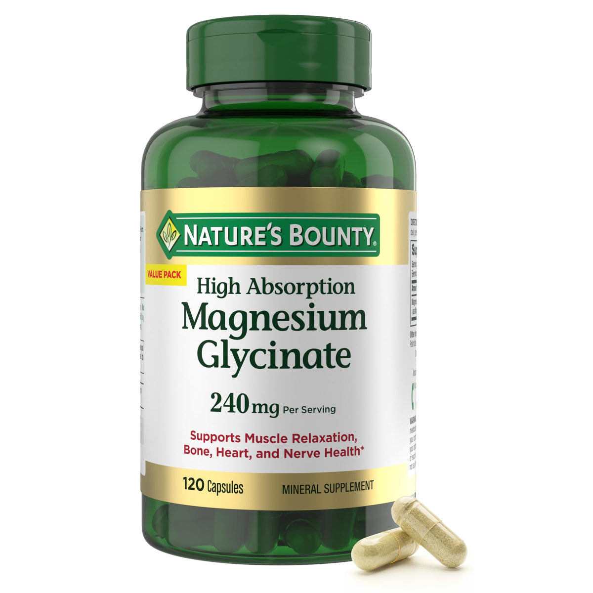 Nature’s Bounty High Absorption Magnesium Glycinate 240 mg for Supporting Muscle Relaxation and Bone, Heart & Nerve Health – Non-GMO, Gluten-Free, Vegetarian, 120 Count/60 Servings - OmniHealth US