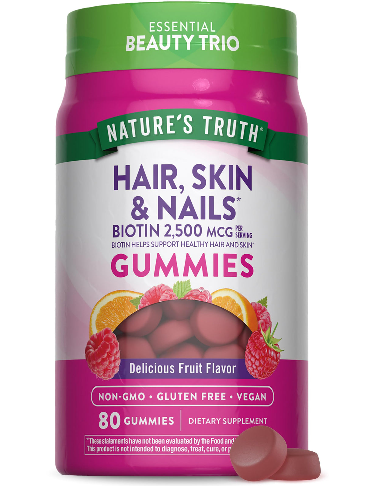 Nature's Truth Hair Skin and Nails Gummies | 80 Count | 2500mcg of Biotin | Vegan, Non-GMO, Gluten Free Supplement - OmniHealth US