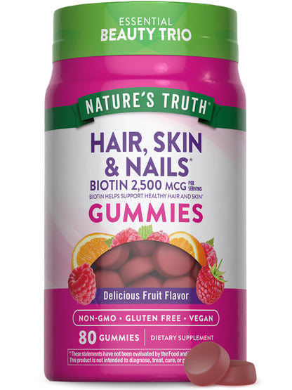 Nature's Truth Hair Skin and Nails Gummies | 80 Count | 2500mcg of Biotin | Vegan, Non-GMO, Gluten Free Supplement - OmniHealth US