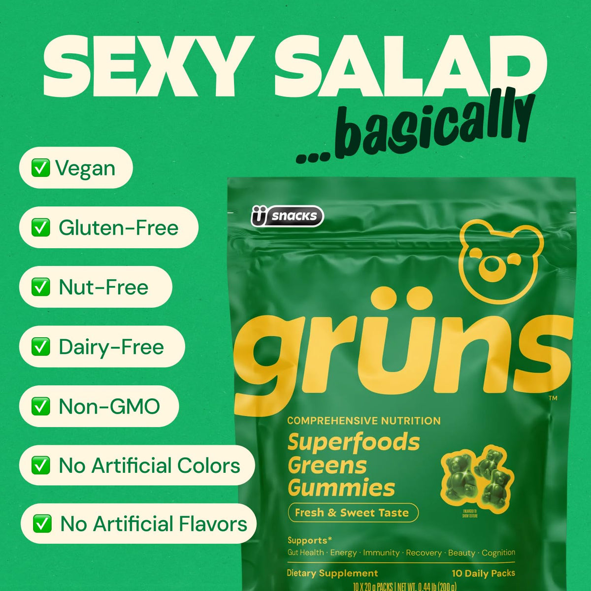 Gruns Adult Super Greens Multivitamin Gummies, Superfood Gummy Vitamins for Women and Men with Spirulina, Chlorella - OmniHealth US