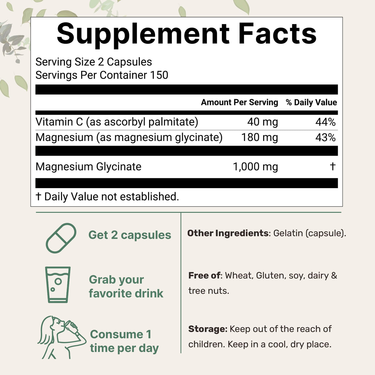 Pure Magnesium Glycinate 1,000mg, 300 Capsules | 100% Chelated for Max Absorption | Enhanced with Vitamin C | Only Uses Active Ingredients - OmniHealth US