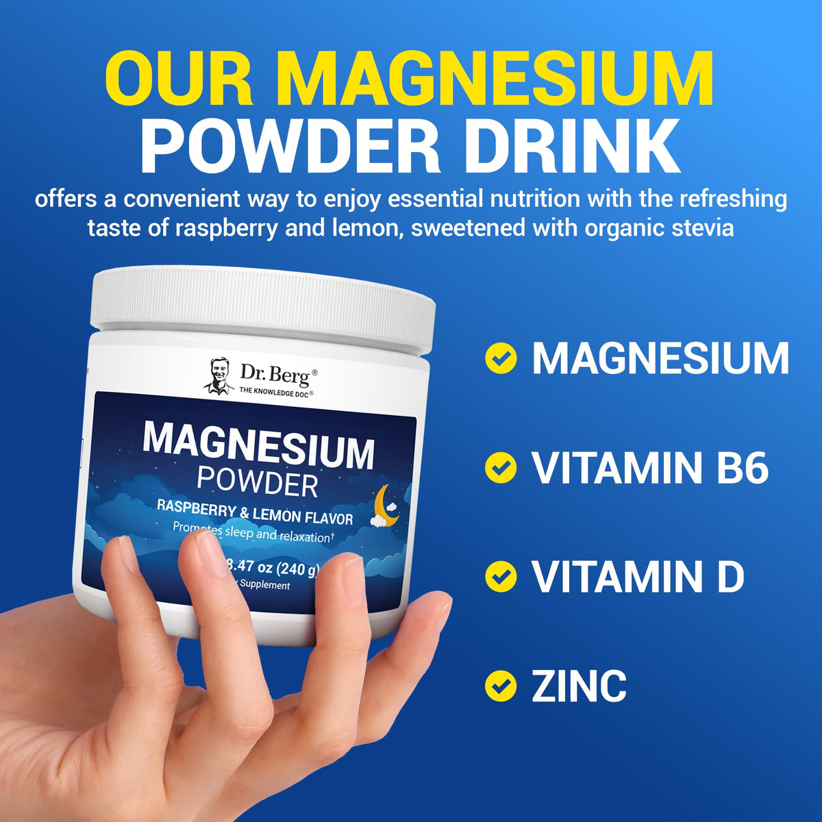 Dr. Berg Magnesium Glycinate Powder for Sleep, Relaxation, & Stress Relief - Now Includes Vitamin D3 & Zinc - Delicious Raspberry & Lemon Flavor (50 Servings) Magnesium Powder - Magnesium Drink Powder - OmniHealth US