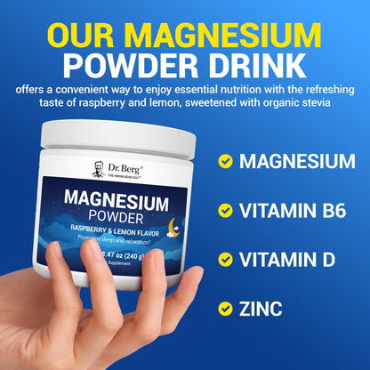 Dr. Berg Magnesium Glycinate Powder for Sleep, Relaxation, & Stress Relief - Now Includes Vitamin D3 & Zinc - Delicious Raspberry & Lemon Flavor (50 Servings) Magnesium Powder - Magnesium Drink Powder - OmniHealth US