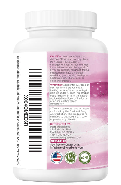 Micro Ingredients Pure Methylated Multivitamin for Women, 240 Capsules | 32-in-1 Formula with Vitamin B, C, D + Iron, Methylfolate & More - OmniHealth US