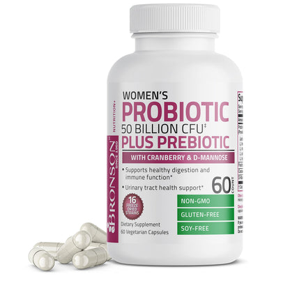 Bronson Women's Probiotic 50 Billion CFU + Prebiotic with Cranberry & D-Mannose – Vaginal Health, Healthy Digestion, Immune Function and Urinary Tract Support, Non-GMO, 60 Vegetarian Capsules - OmniHealth US