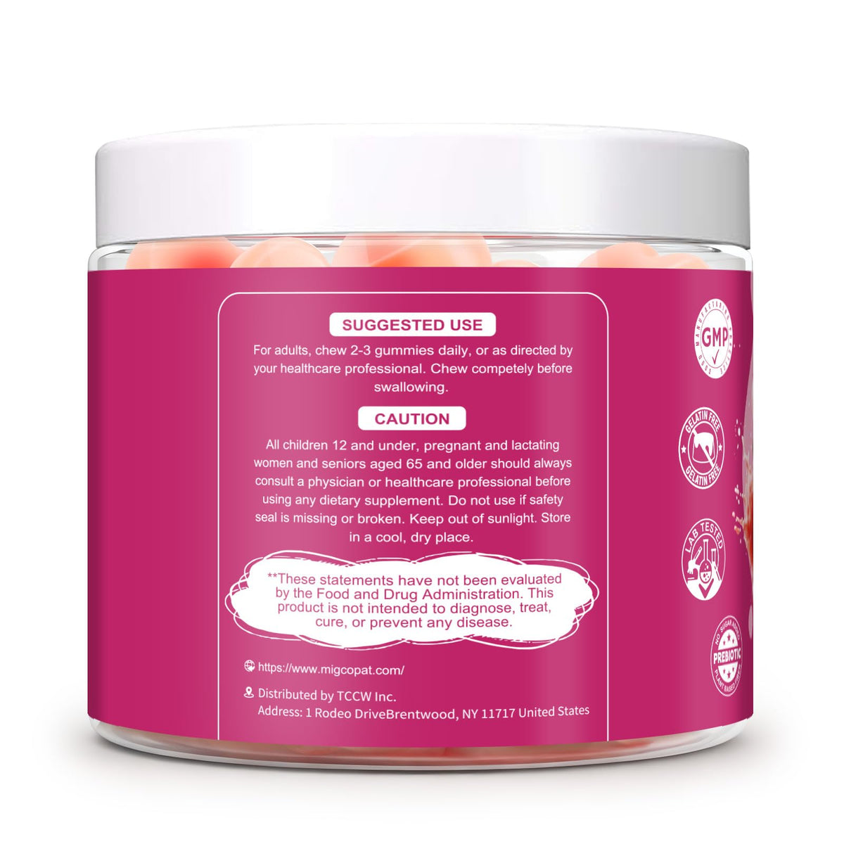 Migcopat 10G Fiber Gummies with Collagen Peptides, Hyaluronic Acid, Vitamin C, ACV, 30 Billion CFU Probiotics – Sugar Free Collagen Gummy for Skin, Hair & Nails - OmniHealth US
