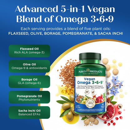 Purity Products Omega 3-6-9 Vegan and Vegetarian Formula - “5 in 1” Essential Fatty Acid Complex - Scientifically Formulated Plant-Based Omega 3 6 9 - OmniHealth US