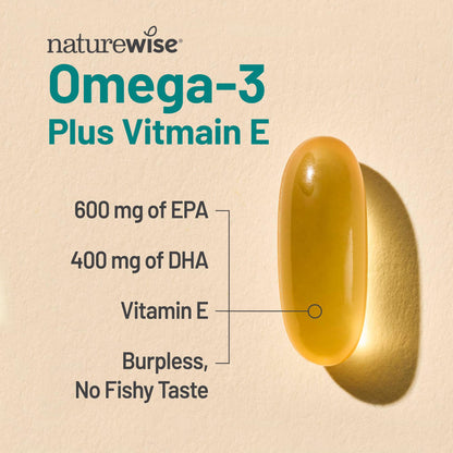 NatureWise Extra-Strength Omega 3 Fish Oil Supplement - 1000mg per Serving - 600 EPA & 400 DHA and Vitamin E - Support for Heart & Brain Health - OmniHealth US