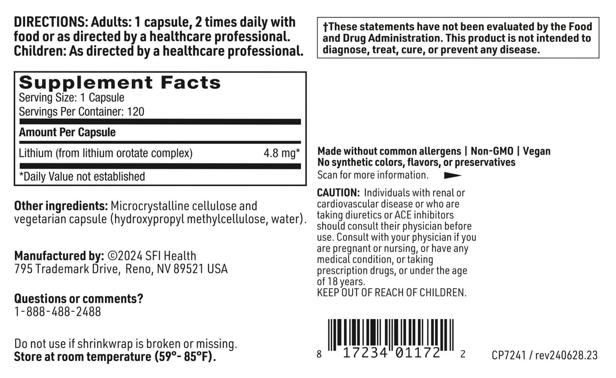 Klaire Labs SFI Health Lithium Orotate 4.8 mg - May Help Balance Mood - Bioavailable Lithium Orotate Supplement - Trace Minerals Promote Focus, Memory - OmniHealth US