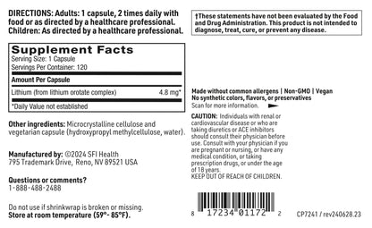 Klaire Labs SFI Health Lithium Orotate 4.8 mg - May Help Balance Mood - Bioavailable Lithium Orotate Supplement - Trace Minerals Promote Focus, Memory - OmniHealth US