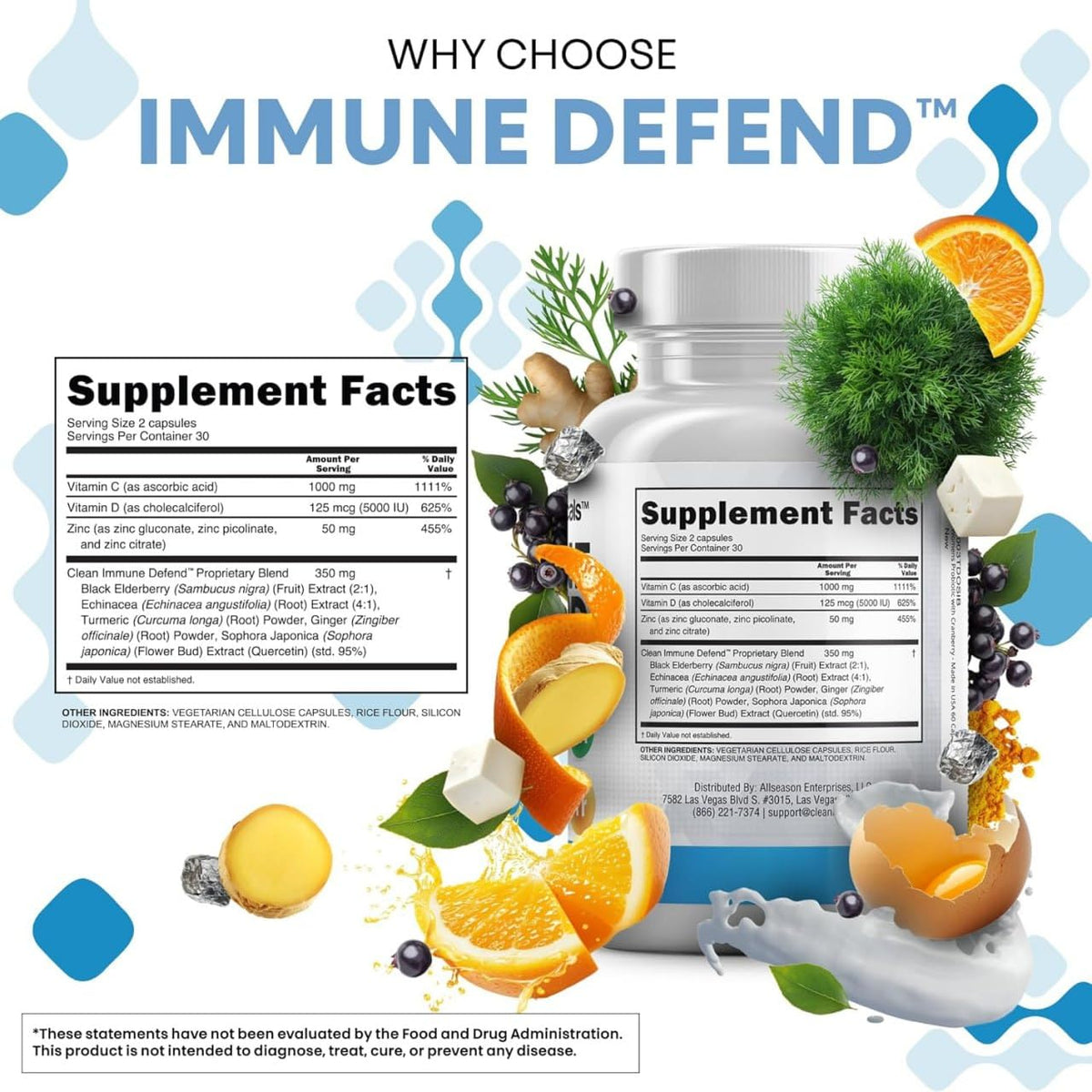 Clean Nutraceuticals Immune Defense Support Supplement 8 in 1 with Zinc 50mg Quercetin, VIT C 1000mg, Vitamin D3 5000 IU, Elderberry, Ginger - OmniHealth US