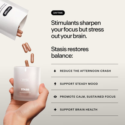 Stasis Daytime Energy & Focus Supplement for Men & Women with Vitamin D3, L Theanine, Ashwagandha & CoQ10, Cognitive Support Capsules for Morning Routines, Vegan, OmniHealth US
