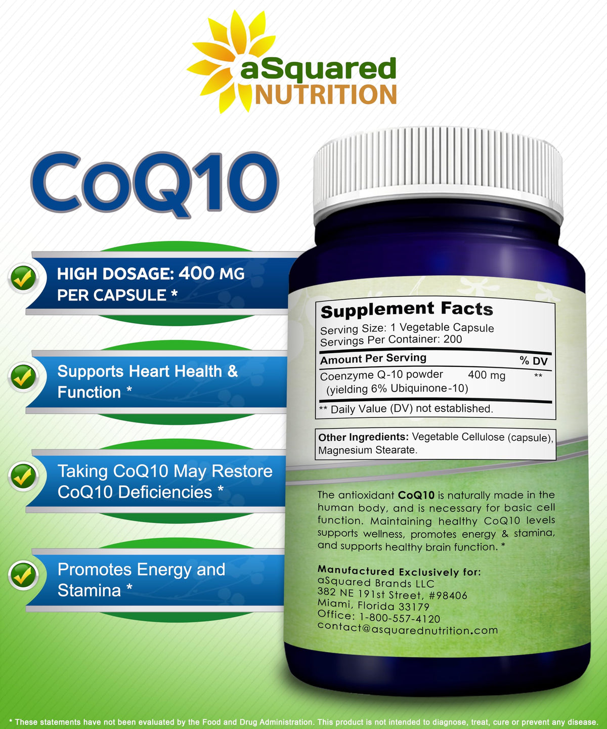 aSquared Nutrition CoQ10 (400mg Max Strength, 200 Capsules) - High Absorption Vegan Coenzyme Q10 Powder - Ubiquinone Supplement Pills, Extra Antioxidant CO Q-10 - OmniHealth US