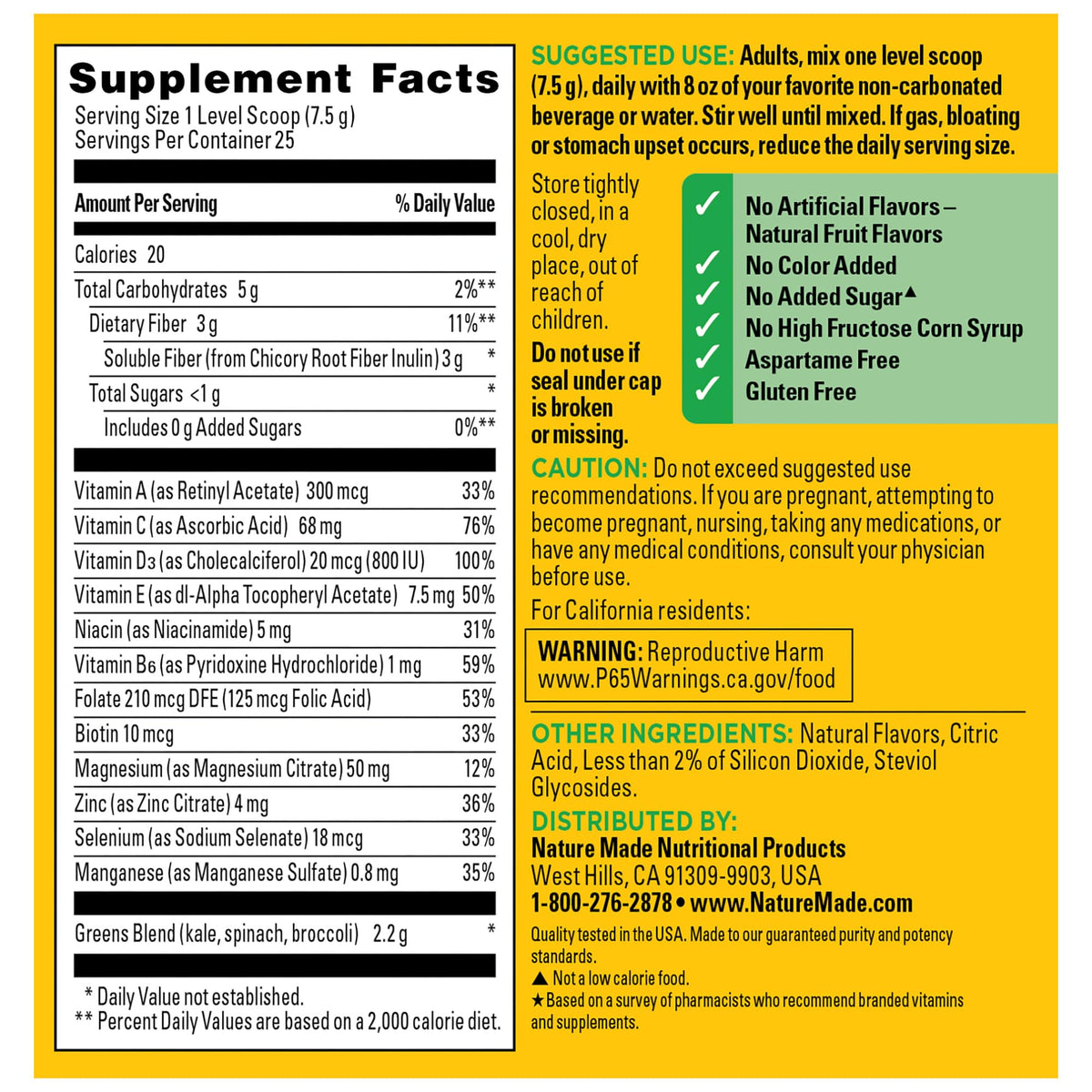Nature Made Super Greens Powder with Prebiotic Fiber Drink Mix, Made with 1 Cup Veggies Per Serving, Fiber Supplement + Vitamins and Minerals, 25 Day Supply - OmniHealth US