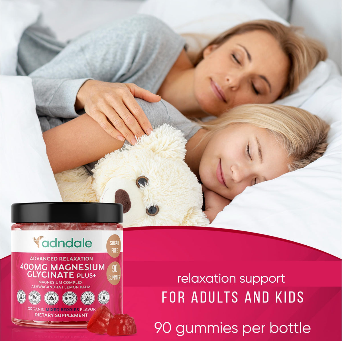 Adndale 90 CT Magnesium Glycinate 400 mg Gummies with Ashwagandha, Magnesium Malate & Taurate, Sugar Free Magnesium Gummies - OmniHealth US